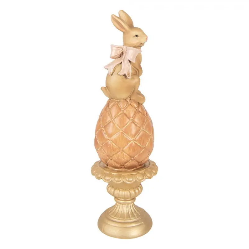 Hnědá antik dekorace králík na vajíčku na podstavci - Ø 8*27 cm Clayre & Eef