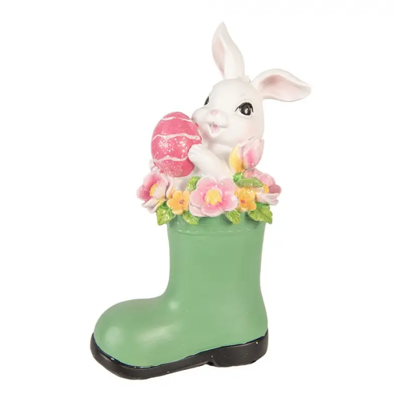 Dekorace bílý králík v zelené holínce - 13*8*20 cm Clayre & Eef