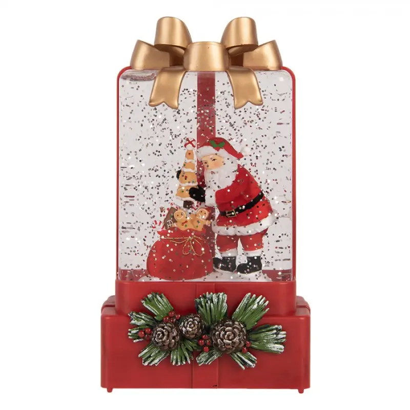 Červená plastová vánoční dekorace dárek s LED světlem a hudbou – 10x6x18 cm