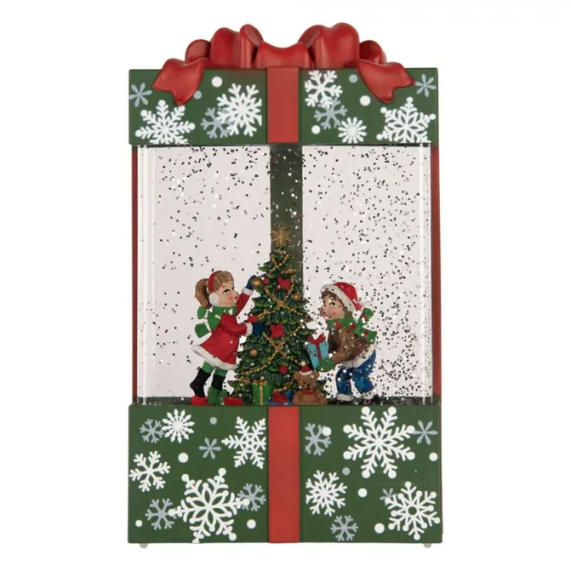 Zelená plastová vánoční dekorace dárek s LED světlem a hudbou – 12x7x20 cm
