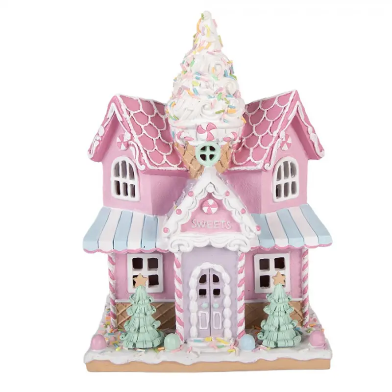 Růžová plastová perníková chaloupka s LED světlem – 21x14x28 cm