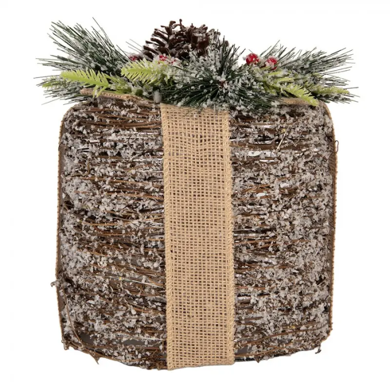 Hnědá ratanová vánoční dekorace dárek s LED světlem – 25x30 cm