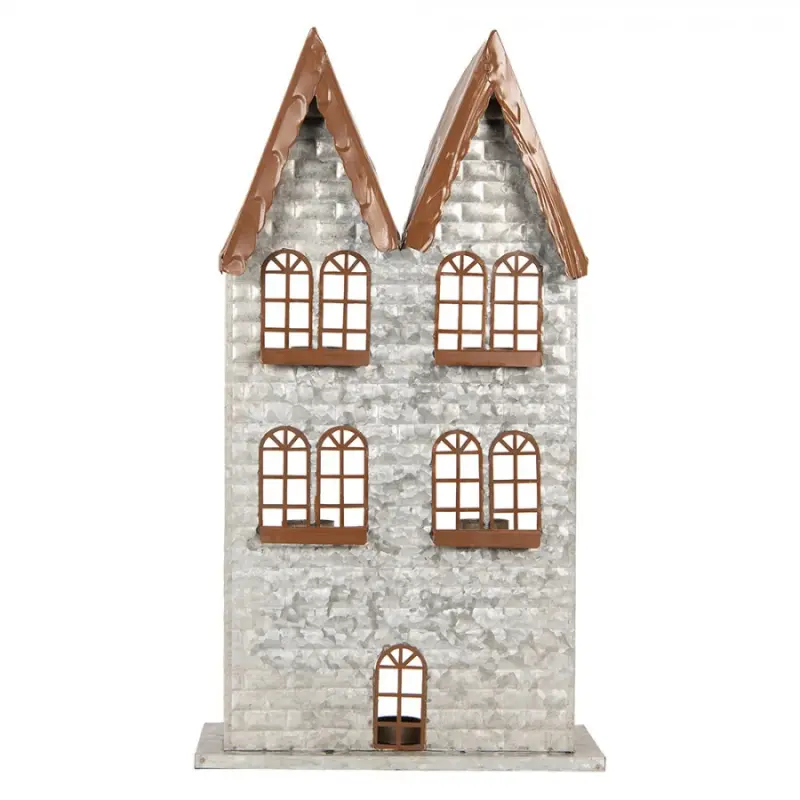 Šedý antik kovový svícen domek na 5 čajových svíček Gian - 30*13*54 cm Clayre & Eef