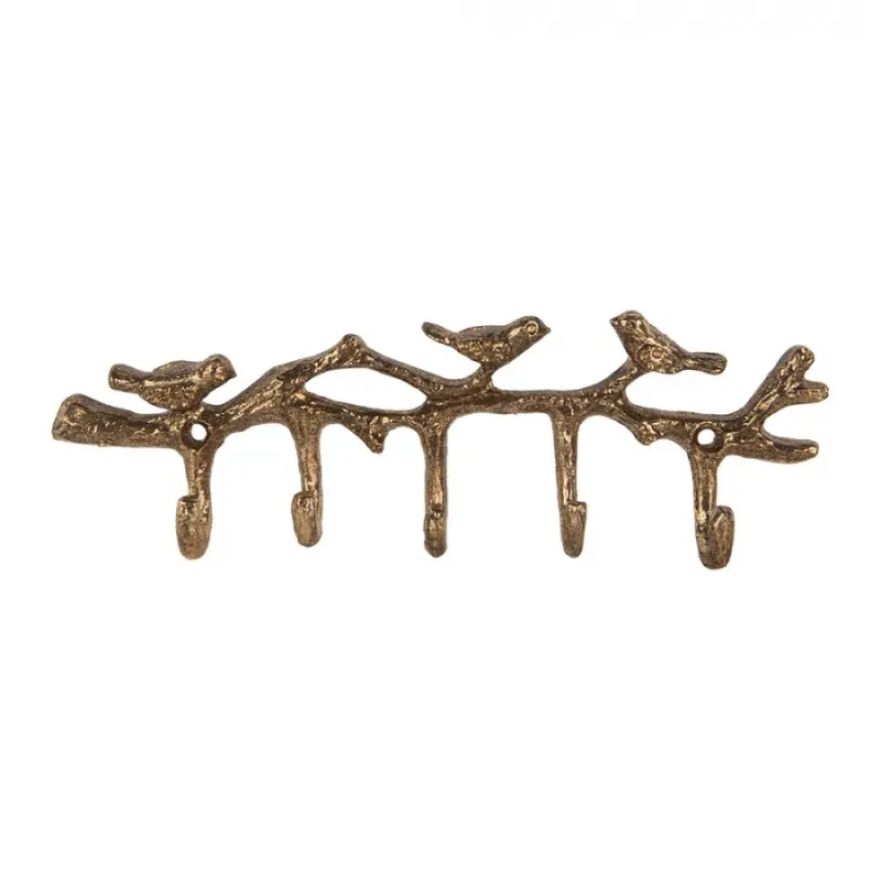Kovový nástěnný věšák s 5 háčky ptáčci zlatý – 18x2x6 cm