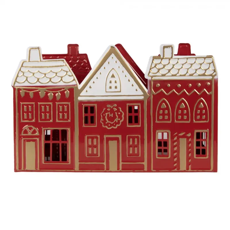 Červený kovový svícen na čajovou svíčku domeček – 38x13x25 cm