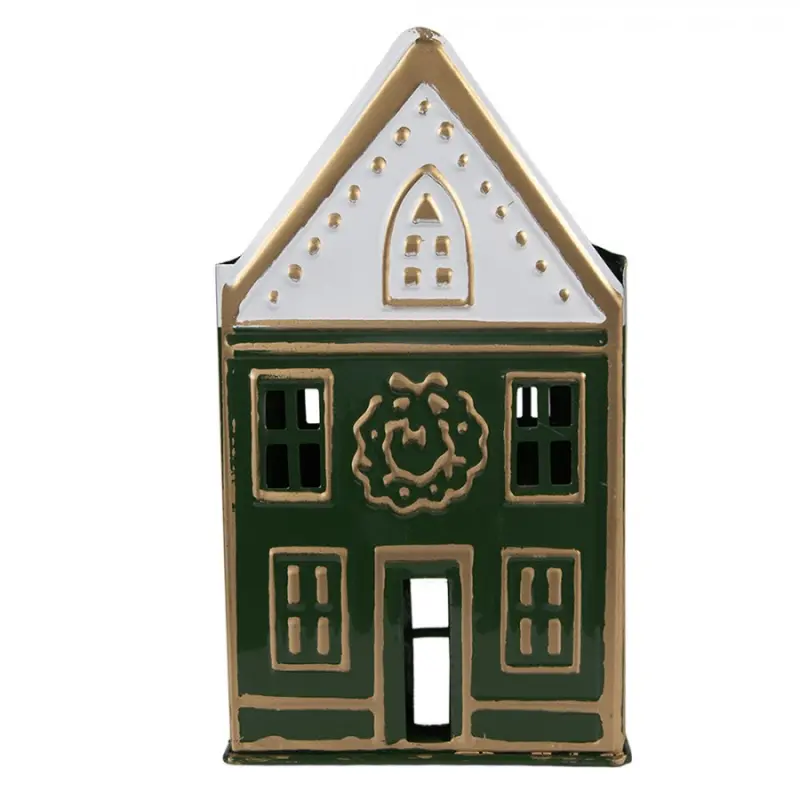 Zelený kovový svícen na čajovou svíčku domeček – 14x12x25 cm