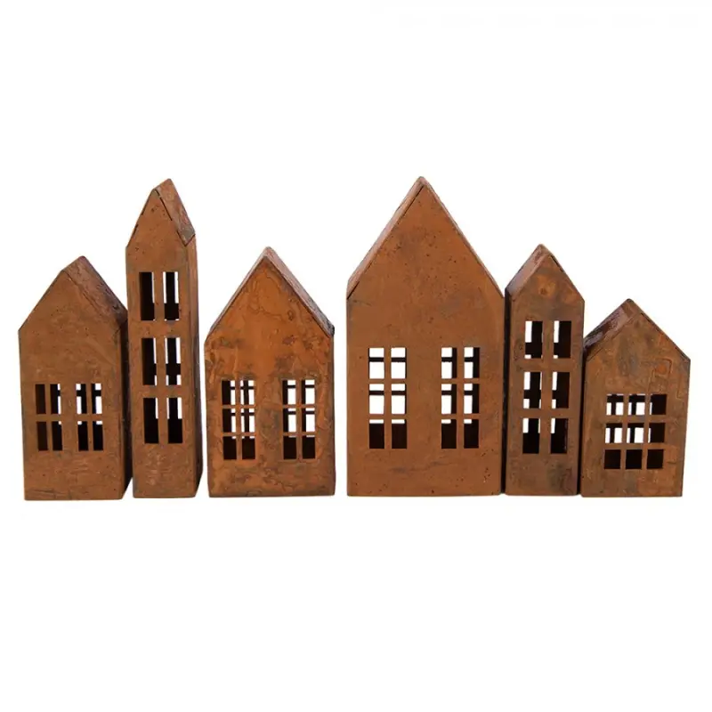 Sada 6 hnědých kovových dekorativních figurek domeček – 27x3x14 cm