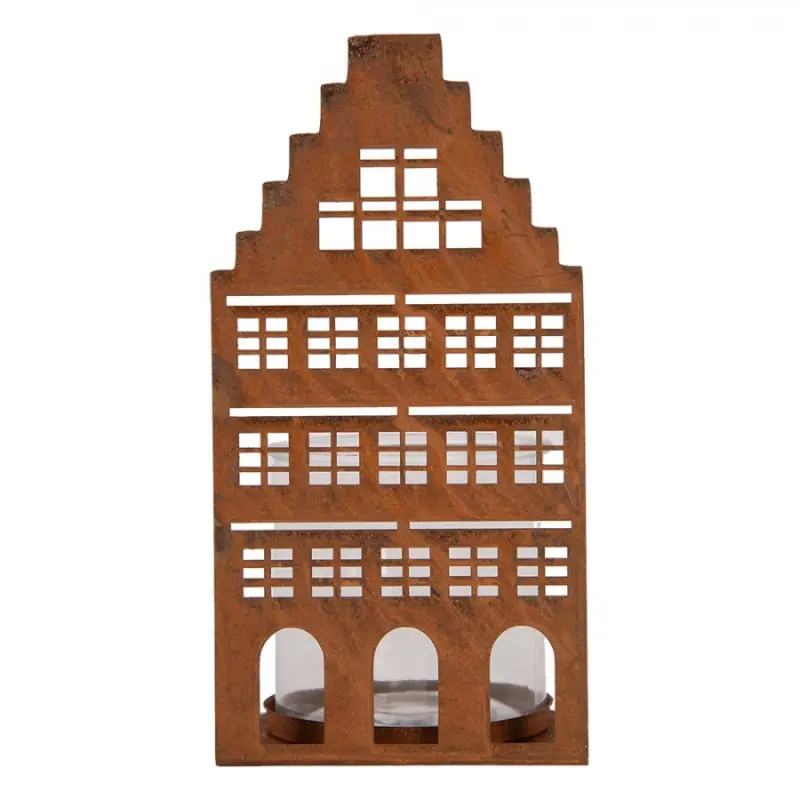 Hnědý kovový svícen na čajovou svíčku domeček – 12x12x24 cm