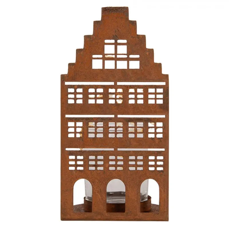 Hnědý kovový svícen na čajovou svíčku domeček – 8x8x15 cm