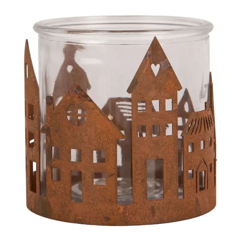 Hnědý kovový svícen na čajovou svíčku domeček – 11x10 cm