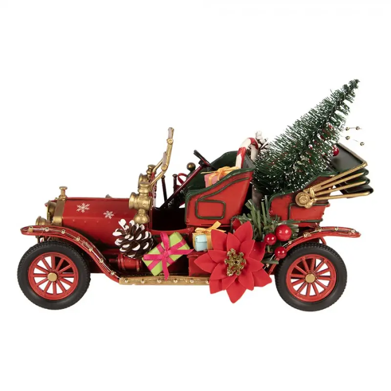 Červená kovová vánoční dekorace auto – 25x10x17 cm