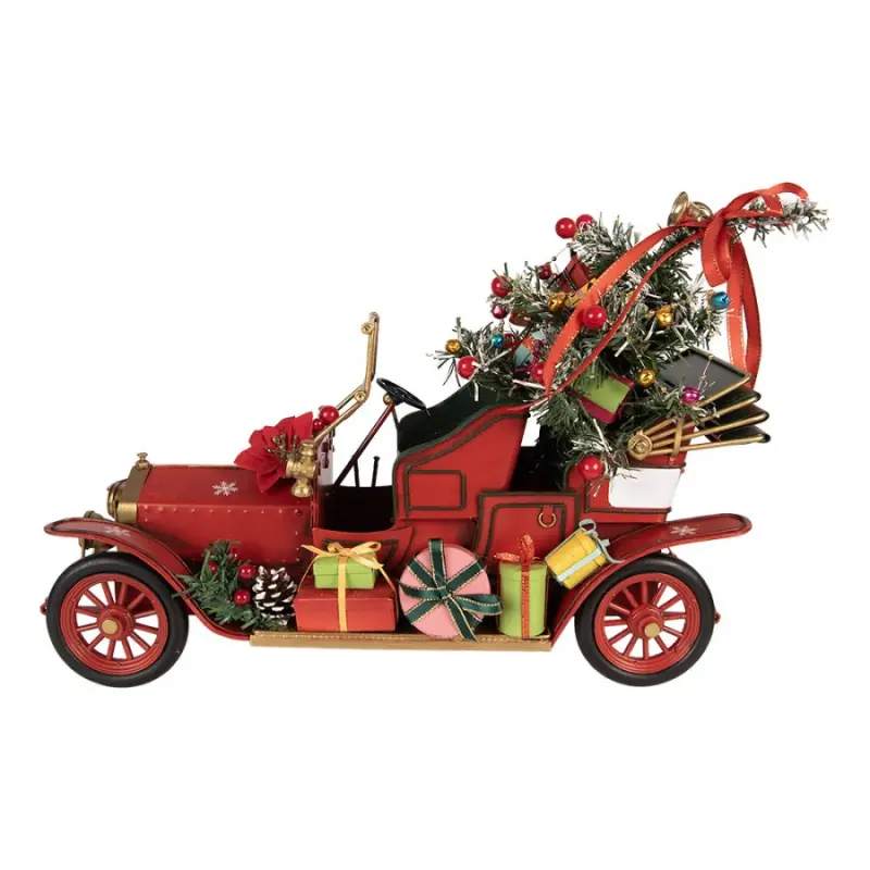 Červená kovová vánoční dekorace auto – 38x16x27 cm