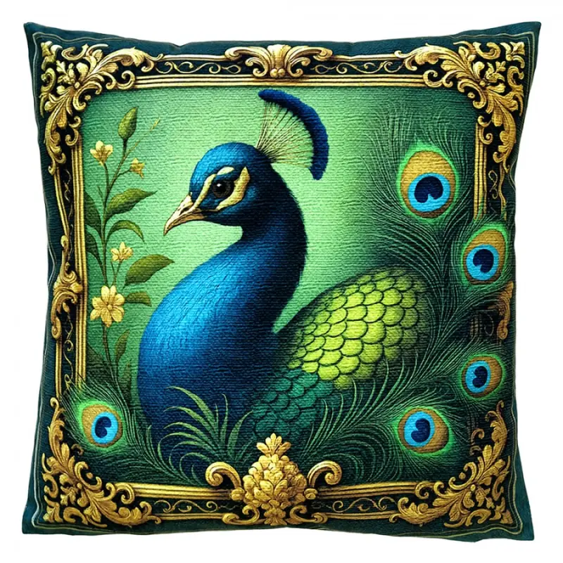 Dekorační polštář s motivem páva ve zlatém rámu - 45*45*4 cm Clayre & Eef