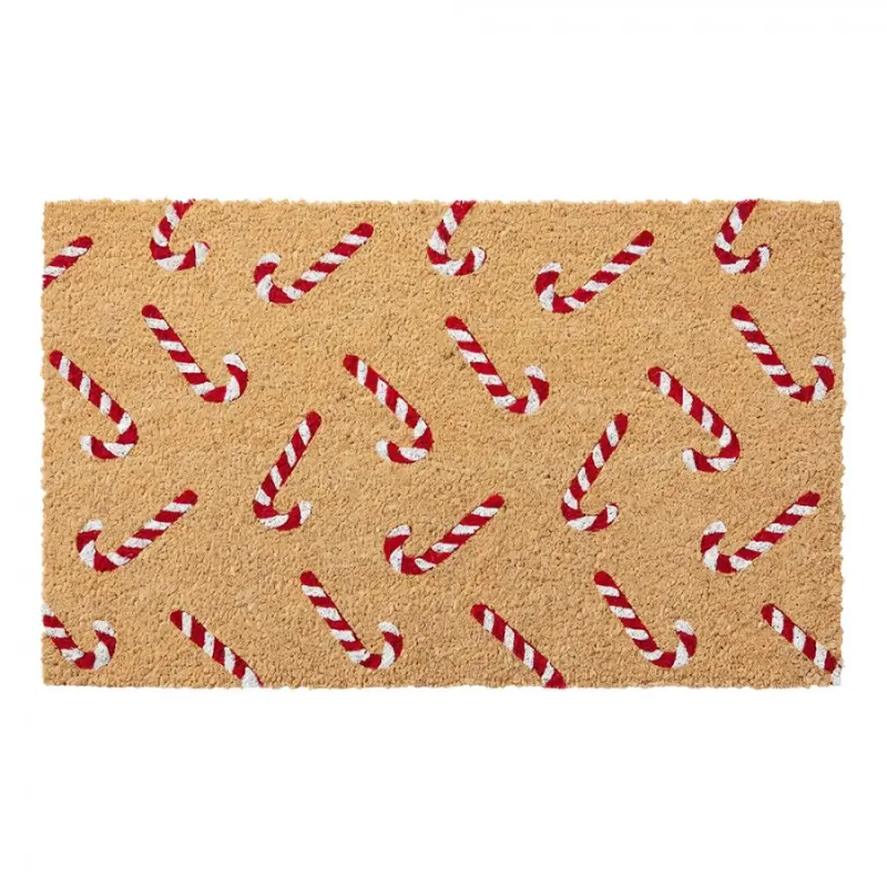 Hnědá kokosová rohožka s cukrovými holemi Candy Cane Christmas - 75*45*1 cm Clayre & Eef