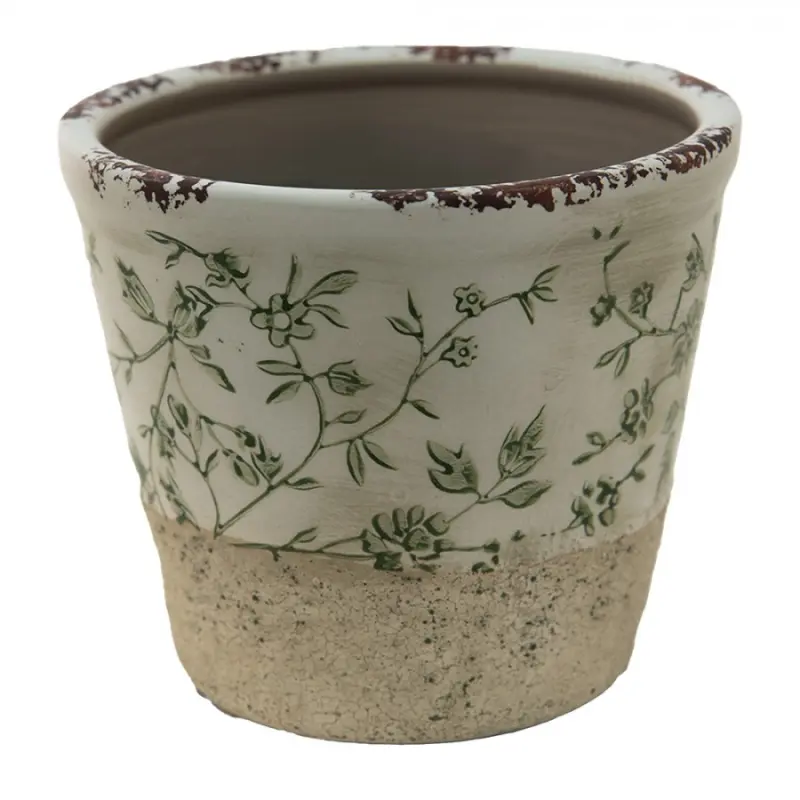 Keramický obal na květináč se zelenými květy Jenia L - Ø 16*16 cm Clayre & Eef