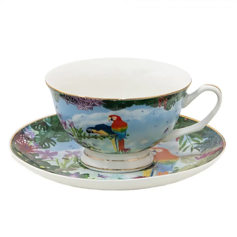 Porcelánový šálek s podšálkem s papoušky Papagai – 12x10x6 cm