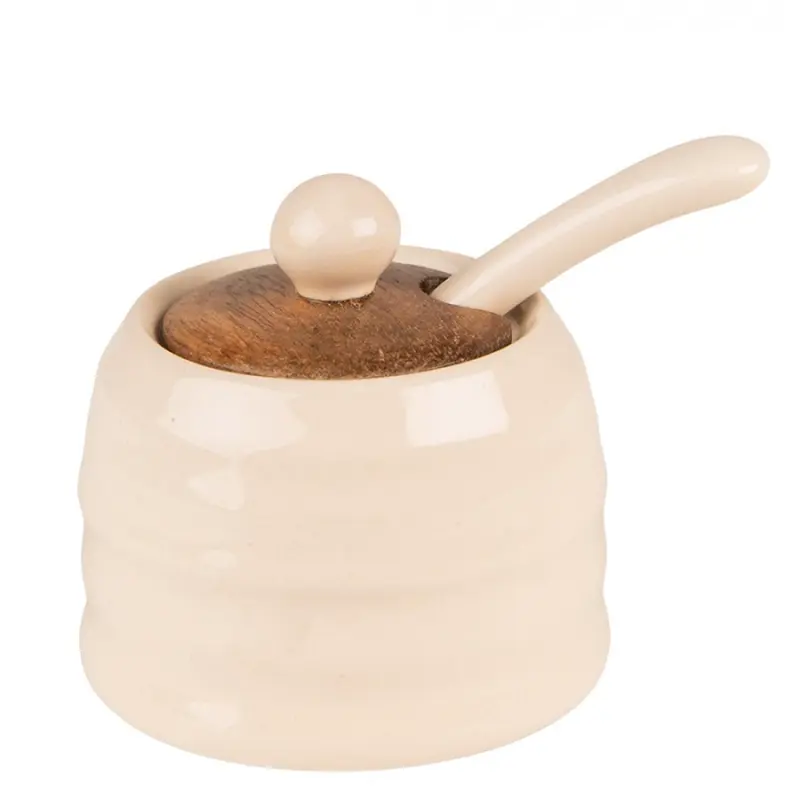 Béžová keramická cukřenka se lžičkou a dřevěným víčkem Chick Poulet– 8x6 cm