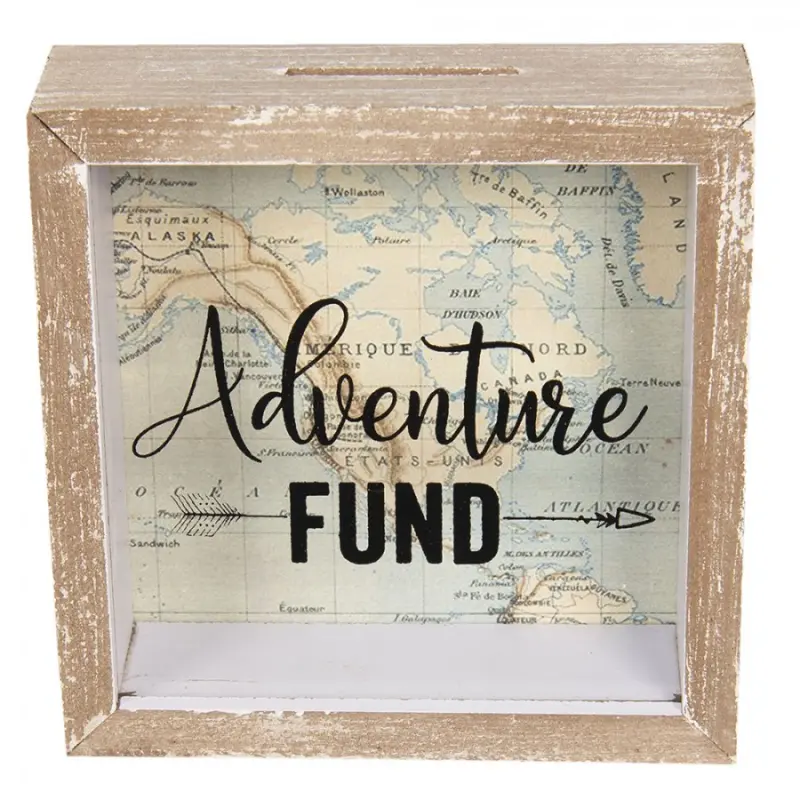 Dřevěná pokladnička s mapou Adventure – 15x5x15 cm