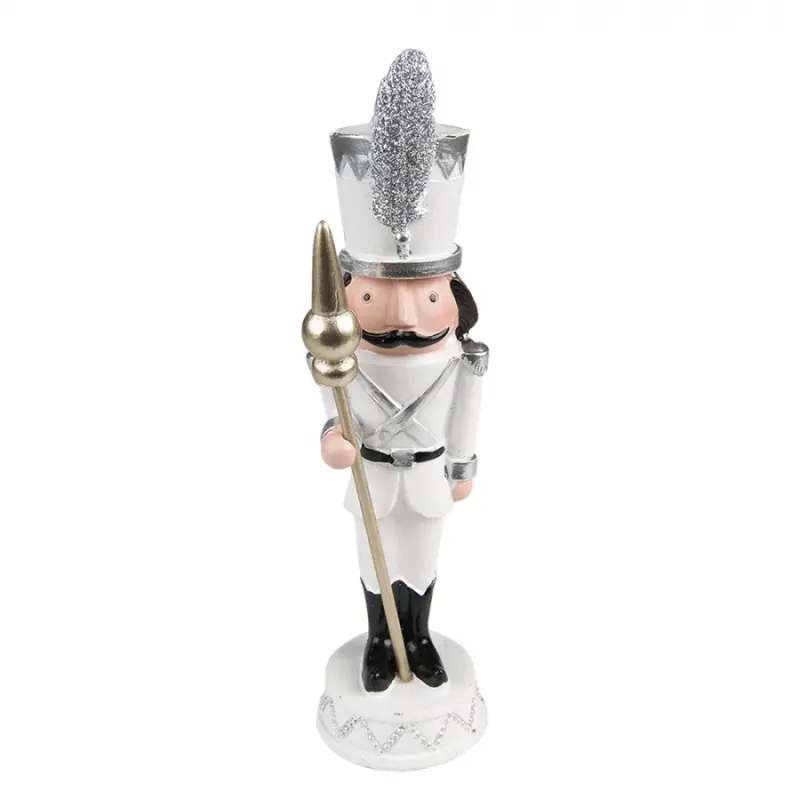 Bílá antik vánoční dekorace soška Louskáček na stráži - 5*5*18 cm Clayre & Eef