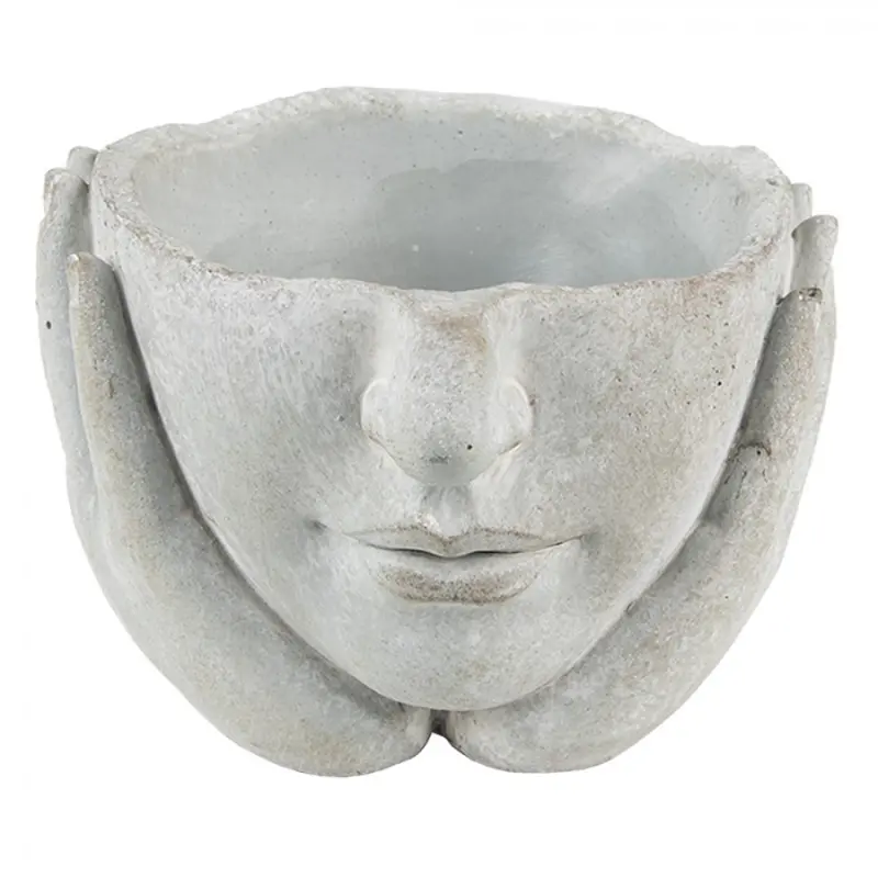 Šedý cementový květináč hlava ženy v dlaních S – 17x17x11 cm