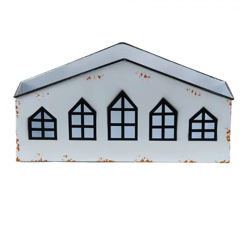 Krémový antik kovový svícen ve tvaru domku na čajovku – 36x12x18 cm