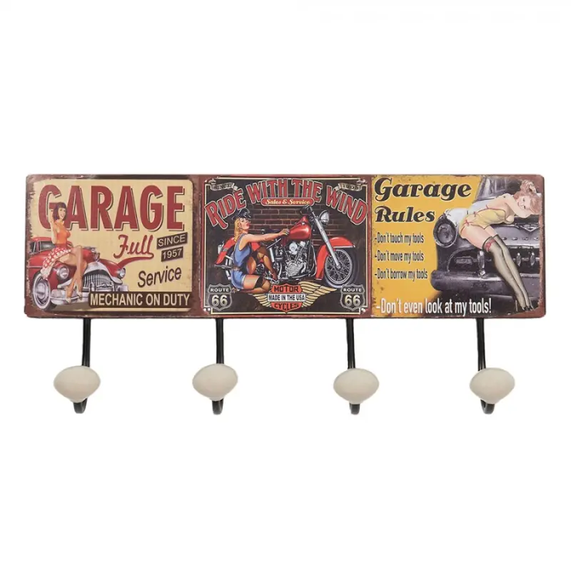 Nástěnný kovový věšák se 4-mi háčky Garage – 40x7x18 cm