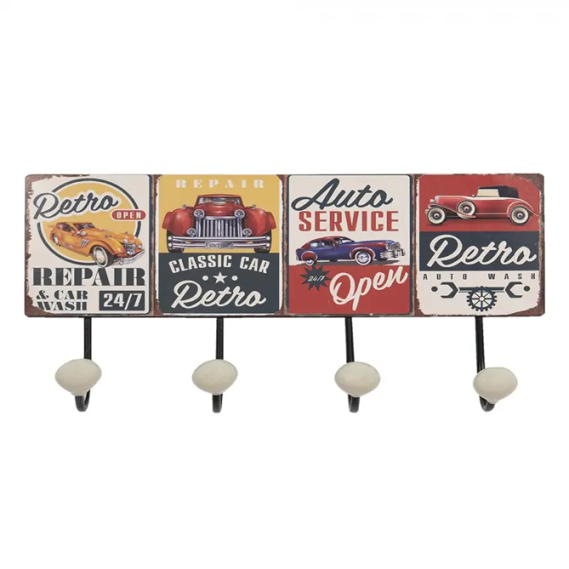 Nástěnný kovový věšák se 4-mi háčky Auto Service – 40x7x18 cm