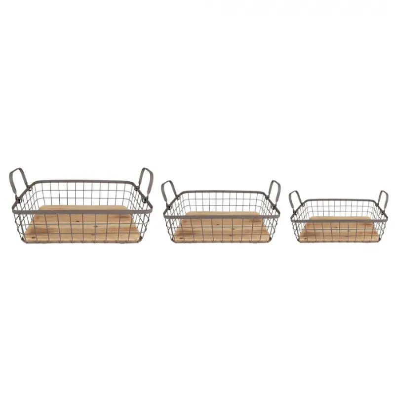 Set 3ks hnědý drátěný košík s dřevěným dnem a uchy Izaac – 38x28x11 / 33x23x10 / 28x18x9 cm