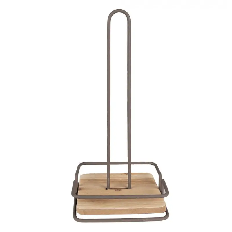 Hnědý kovový držák na kuchyňské role s dřevěným dnem Vi - 15*15*32 cm Clayre & Eef