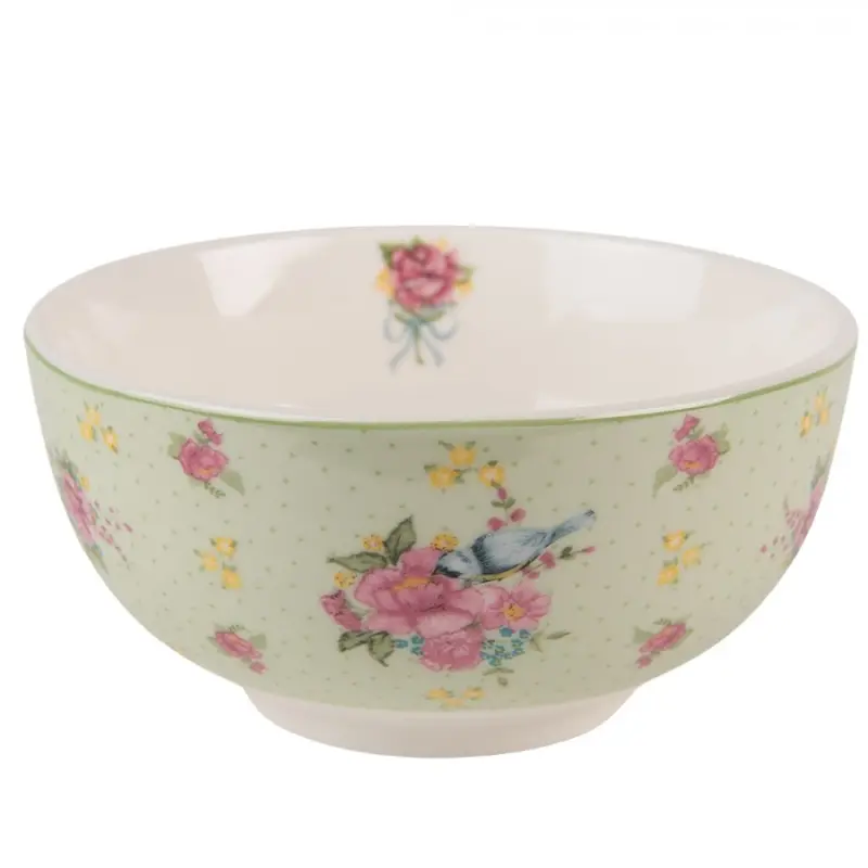 Zelená porcelánová miska s květy a ptáčkem Cheerful Birdie – 500 ml