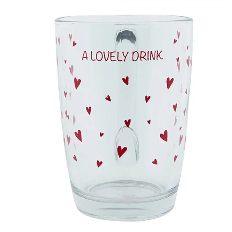 Skleněný hrnek s červenými srdíčky A Lovely Drink - 11*8*11 cm / 300 ml Clayre & Eef