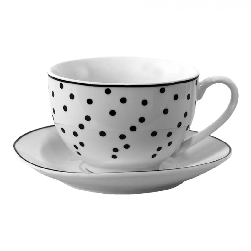 Porcelánový šálek s podšálkem s černými puntíky Black Dot – 12x9x6 cm