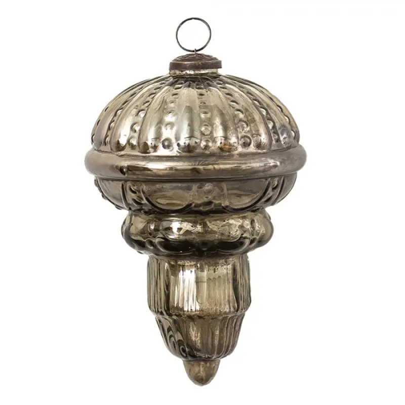 Hnědo-stříbrná antik vánoční skleněná ozdoba XL - Ø 14*22 cm Clayre & Eef