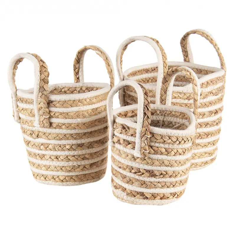 Sada 3 hnědo bílých pletených košů s uchy – ( set 3 ) 21x20 /  19x19 /  16x15 cm