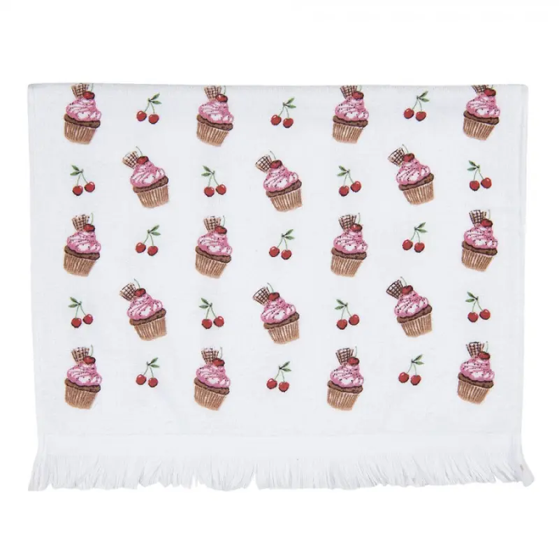 Bílý kuchyňský froté ručník s dortíčky Cherry Cupcake – 40x66 cm