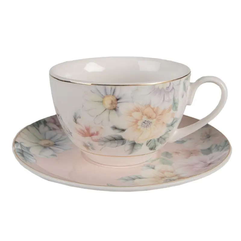 Porcelánový šálek s podšálkem s květinami Flowers – 12x9x6 cm
