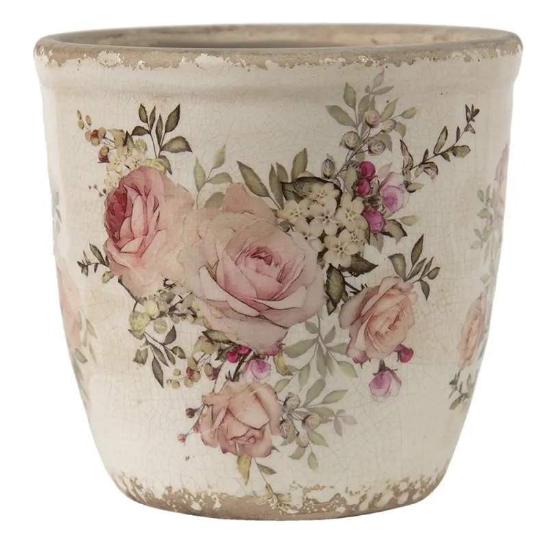Keramický obal na květináč s růžemi Rosien M - Ø12*12 cm Clayre & Eef