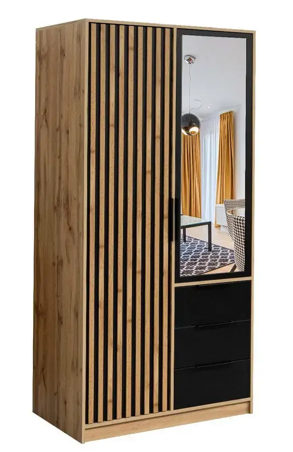 Casarredo Šatní skříň BASILIO LUX 100 dub wotan/černá/zrcadlo