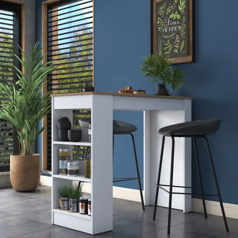 Casarredo Barový stůl s bočním regálem NORTON bílá/ořech