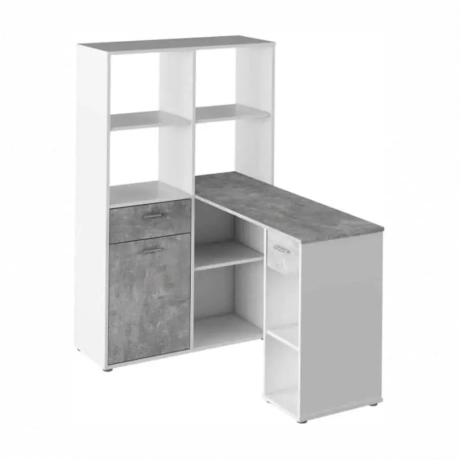 ATAN Rohový PC stůl MINESON s regálem - bílá/beton - II.jakost