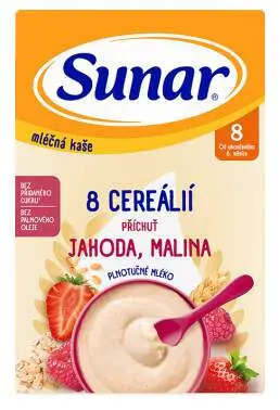 Sunar Mléčná kaše 8 cereálií s příchutí jahody a maliny 210 g