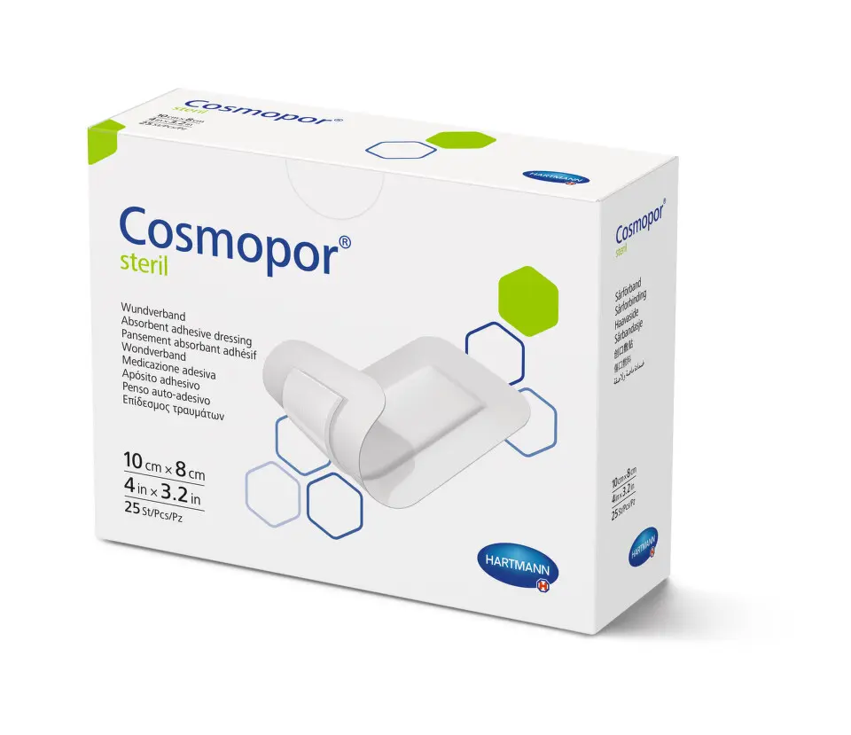 NÁPLAST HYPOALERGENNÍ COSMOPOR STERILNÍ S POLŠTÁŘKEM, 8X10CM, 25 KS