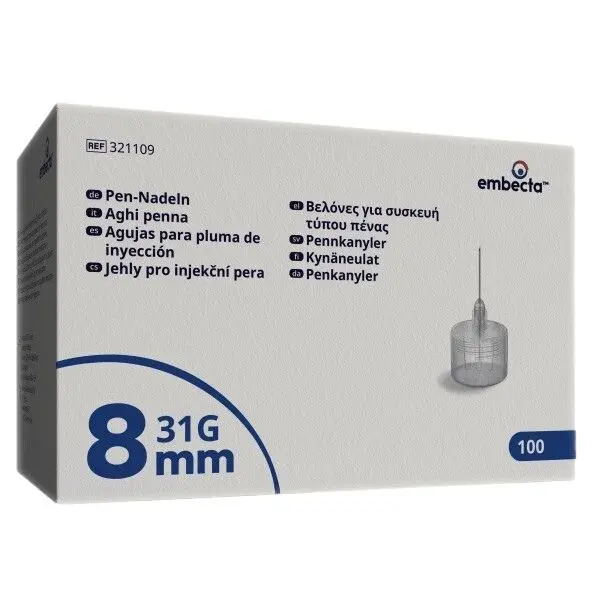embecta Jehly pro injekční pera 8mm, 31G, 3bevel, TW, 100ct