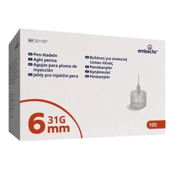 Embecta Jehly pro injekční pera 6mm, 31G, 3bevel, TW, 100ct