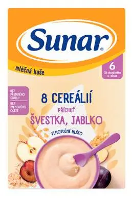 Sunar Mléčná kaše 8 cereálií s příchutí švestky a jablka 210 g