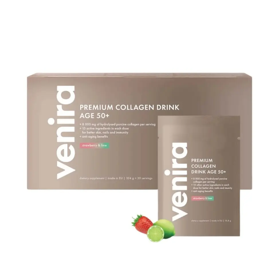 Venira Kolagenový drink pro vlasy, nehty a pleť 50+ - jahoda a limetka, 30 x 10,8 g