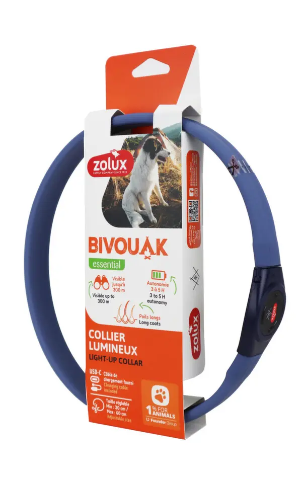 Obojek LED velký BIVOUAK 30-60cm USB modrá Zolux