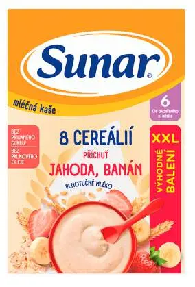 Sunar Mléčná kaše 8 cereálií, jahoda, banán 6m+ 340g