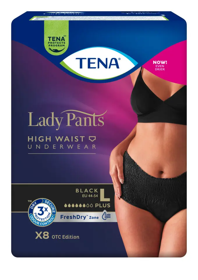 TENA LADY PANTS PLUS BLACK L KALHOTKY ABSORPČNÍ NATAHOVACÍ,BOKY 95-130CM,1010ML