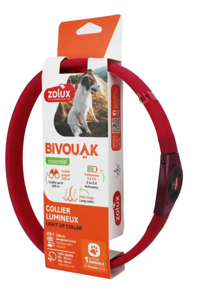 Obojek LED velký BIVOUAK 30-60cm USB červená Zolux